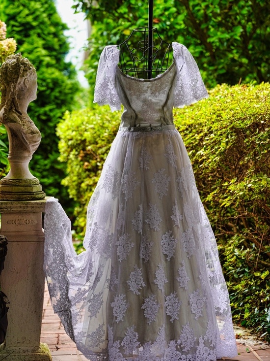Dave & Johnny Dresses & Skirts - Vintage Ivory & Sage Lace Floral Appliqué Gown | Romantic Off-Shoulder Wedding